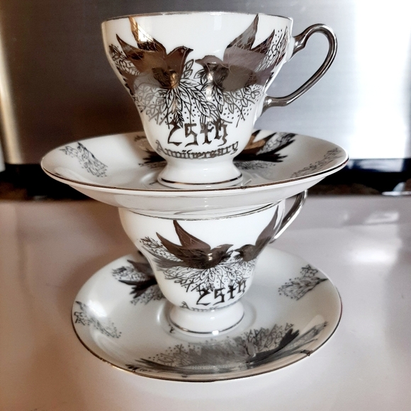 SET OF TWO VTG KELVINS FINE CHINA ANNIVERSARY CUPS AND SAUCERS - Picture 8 of 11